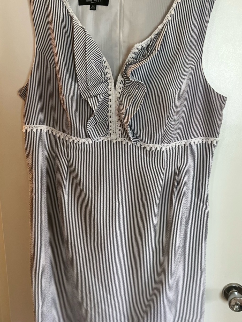 Nine West Navy and White Pinstripe Ruffle Sheath Dress with Lace Trim. Size 18w